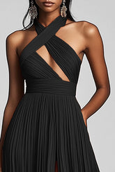 Schwarzes A-Linien-Plissee-Kleid mit Schlitz